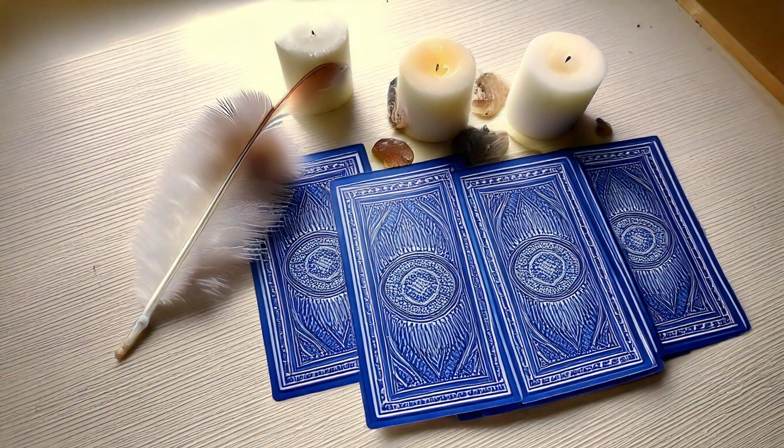 Tarotkarten mit Feder am Tisch